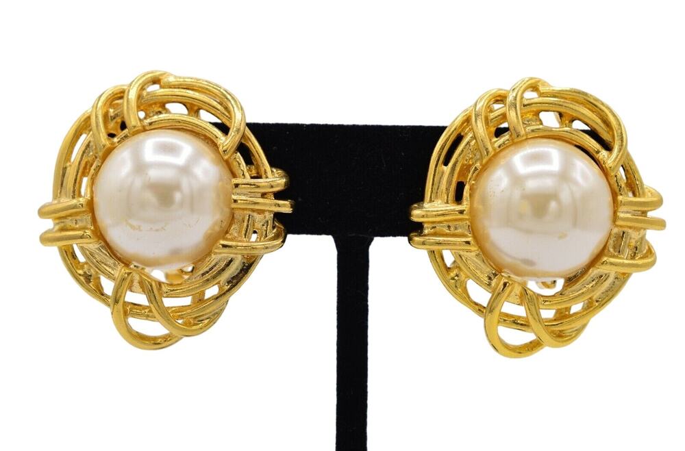 Vintage Chunky Pearl Clip On Earrings Gold Heavy Round NOS USA Signed 80s W1